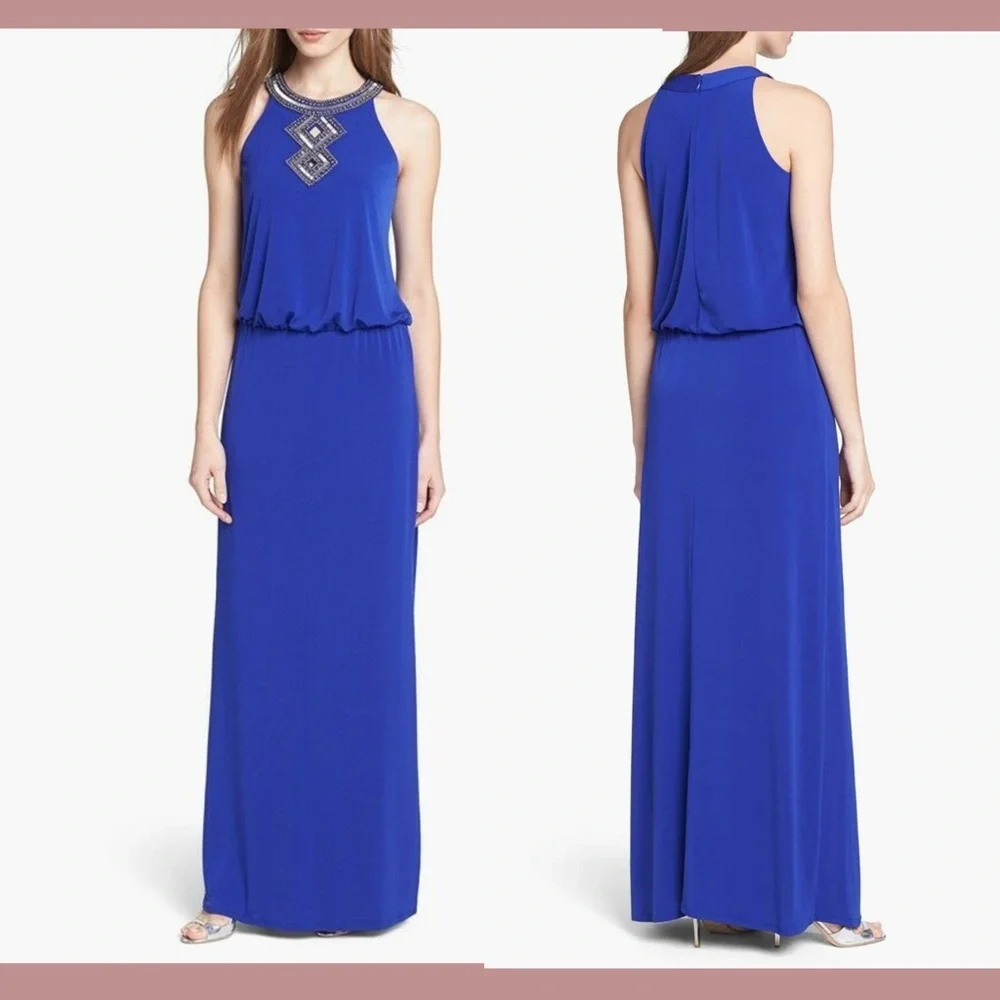 NWT $325 Laundry by Shelli Segal [ 10 ] Embellished‎ Blouson Gown in Blue